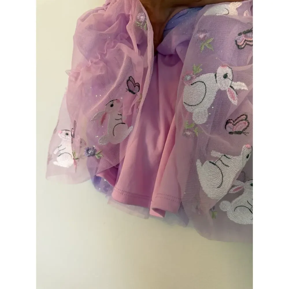 Zunie Girls Bunny Border Embroidered Flutter Sleeve Mesh Party Dress 12 Months